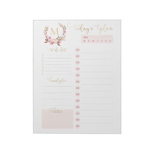 Blush & Gold Monogram Dagelijkse Planner Te Doen L Notitieblok (Linkerzijde)