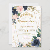 Blush Gold Navy Bloemen Geometrische Quinceanera Kaart (Voorkant)