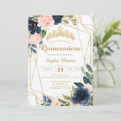 Blush Gold Navy Bloemen Geometrische Quinceanera Kaart (Staand voorkant)