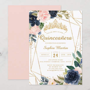 Blush Gold Navy Bloemen Geometrische Quinceanera Kaart