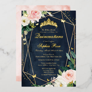 Blush Gold Navy Bloemenvlinder Quinceanera Folie Uitnodiging