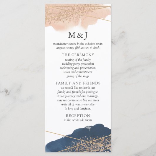 Blush, Gold & Navy Weddenprogramma-kaart Programmakaart (Voorkant)