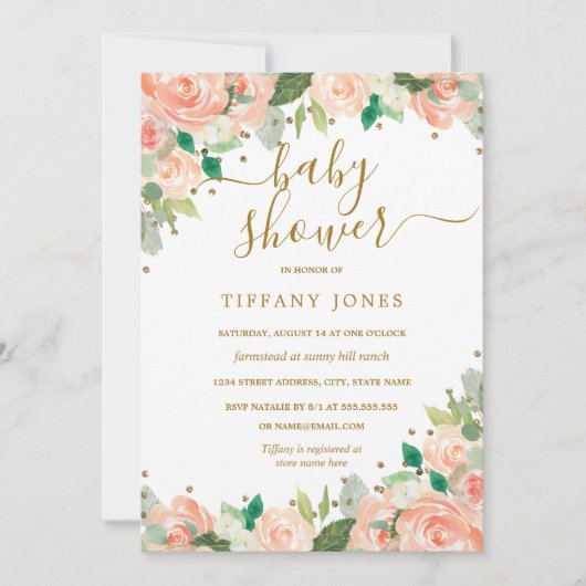 Blush Gold Peach Bloemen Waterverf Baby shower Kaart (Voorkant)