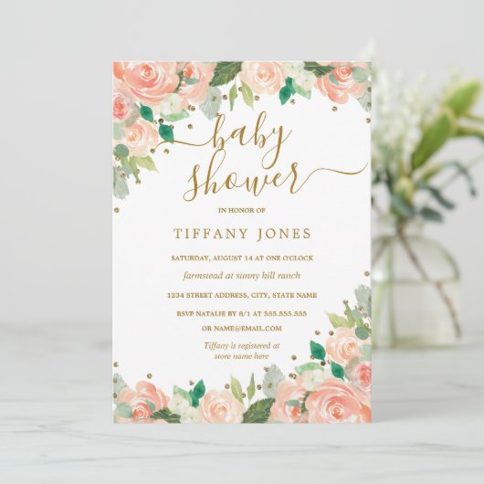 Blush Gold Peach Bloemen Waterverf Baby shower Kaart (Staand voorkant)