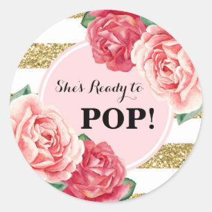 Blush Gold Pink Floral Baby shower Klaar voor Pop Ronde Sticker