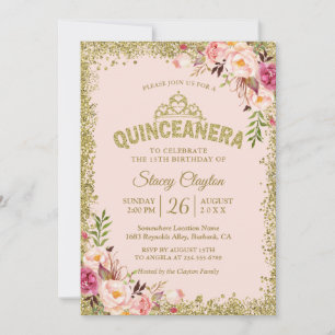 Blush Gold Pink Floral Quinceanera 15e verjaardag Kaart