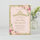 Blush Gold Pink Floral Quinceanera 15e verjaardag Kaart (Staand voorkant)
