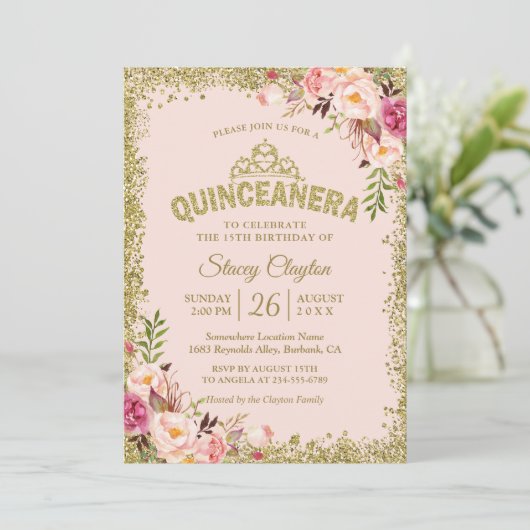 Blush Gold Pink Floral Quinceanera 15e verjaardag Kaart (Staand voorkant)
