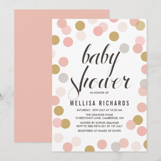Blush & Gold Polka Dots Baby shower Invitation Kaart (Voorkant / Achterkant)