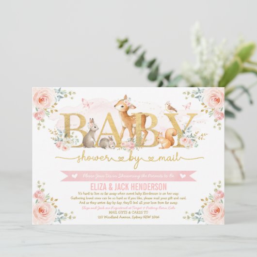 Blush Gold Rozen Woodland Baby shower per post Kaart (Staand voorkant)