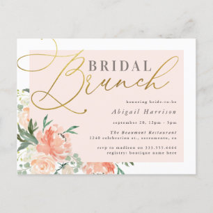 Blush & Gold Script Bloemen Bruids Brunch Uitnodiging Briefkaart
