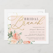 Blush & Gold Script Bloemen Bruids Brunch Uitnodiging Briefkaart (Voorkant / Achterkant)