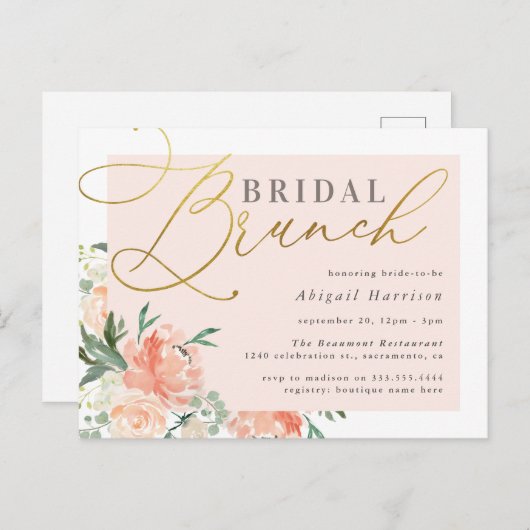 Blush & Gold Script Bloemen Bruids Brunch Uitnodiging Briefkaart (Voorkant / Achterkant)