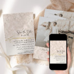 Blush Gold Scroll Damask Engaged Foto Save The Date<br><div class="desc">"Blush Gold Scroll Damask Engaged Photography Save the Date." Je foto, namen en trouwdatum staan aan de achterkant, zodat je gasten je aankondiging voor altijd kunnen houden en waarderen. Elegant, nauwelijks wazige roze en beige klassiek blad- en bloemendamtpatroon geschilderd door een internationaal erkende kunstenaar en ontwerper, Audrey Jeanne Roberts. Copyright....</div>