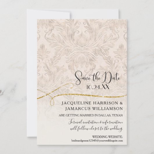 Blush Gold Scroll Damask Engaged Foto Save The Date (Voorkant)