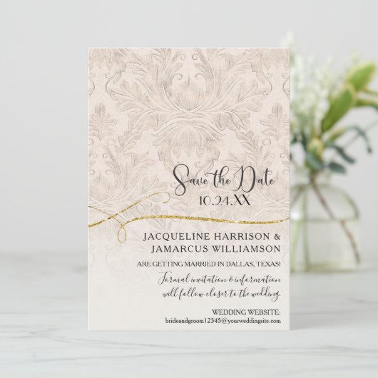 Blush Gold Scroll Damask Engaged Foto Save The Date (Staand voorkant)