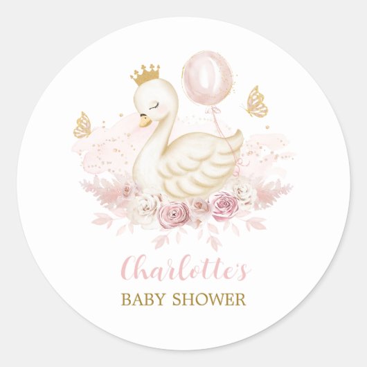 Blush Gold Swan Princess met ballon & Butterfly Ronde Sticker (Voorkant)