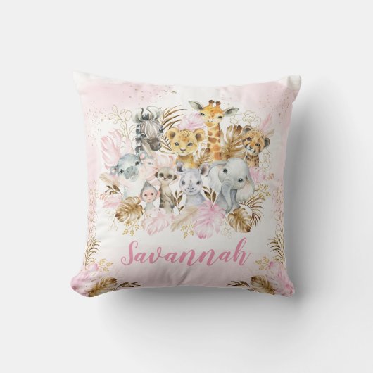 Blush Gold Tropical Oerwoud Safari Animals Nursery Kussen (Voorkant)