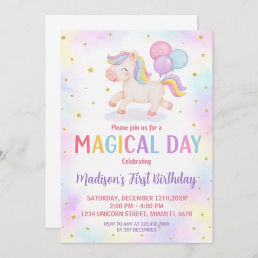 Blush Gold Unicorn Verjaardag Uitnodiging (Voorkant / Achterkant)