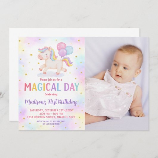 Blush Gold Unicorn Verjaardag Uitnodiging (Voorkant / Achterkant)