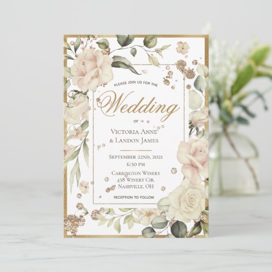 Blush Gold Waterverf Antiek Floral Wedding Kaart (Staand voorkant)