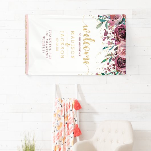 Blush & Gold Waterverf Bloemen Bruiloft Welkom Spandoek (Insitu)