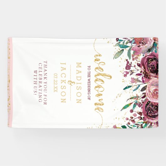 Blush & Gold Waterverf Bloemen Bruiloft Welkom Spandoek (Horizontaal)