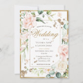 Blush Gold Waterverf Romantic Floral Wedding Kaart (Voorkant)