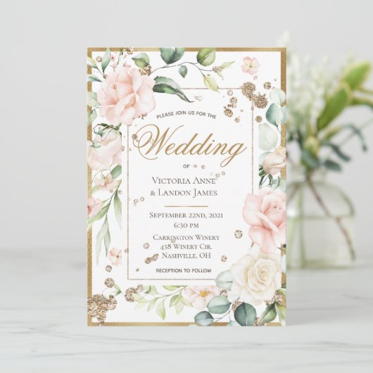 Blush Gold Waterverf Romantic Floral Wedding Kaart (Staand voorkant)