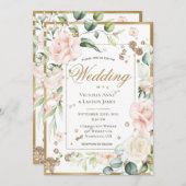Blush Gold Waterverf Romantic Floral Wedding Kaart (Voorkant / Achterkant)