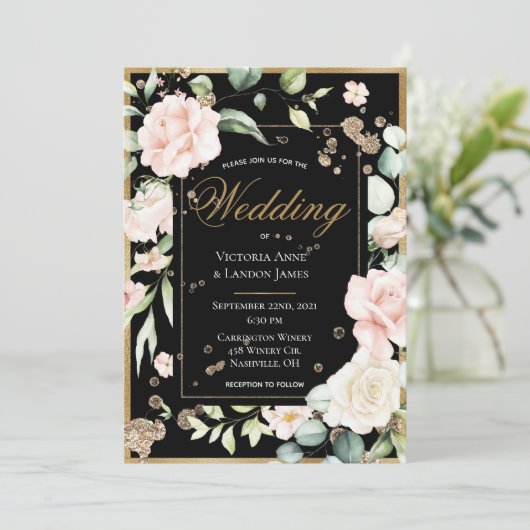 Blush Gold Waterverf Romantic Floral Wedding Kaart (Staand voorkant)