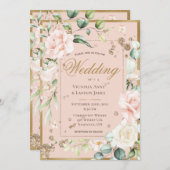 Blush Gold Waterverf Romantic Floral Wedding Kaart (Voorkant / Achterkant)