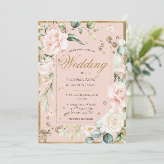Blush Gold Waterverf Romantic Floral Wedding Kaart (Staand voorkant)