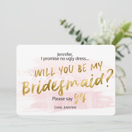 Blush & Gold Waterverf Wil je mijn bruidsmeisje zi Kaart (Staand voorkant)