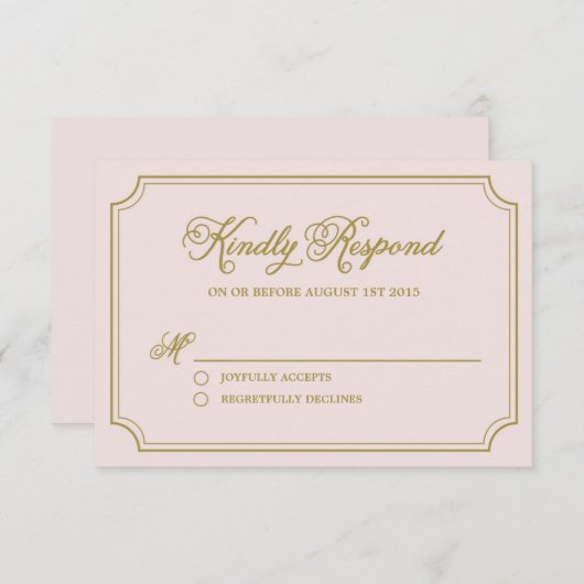 Blush & Gold Whimsical Script Wedding RSVP Kaart (Voorkant / Achterkant)