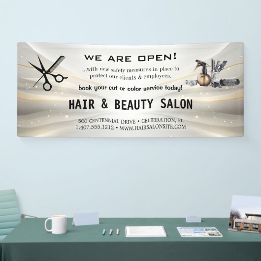 Blush & Gold Whisk Schaar Haarsalon Heropening Spandoek (Beurs)