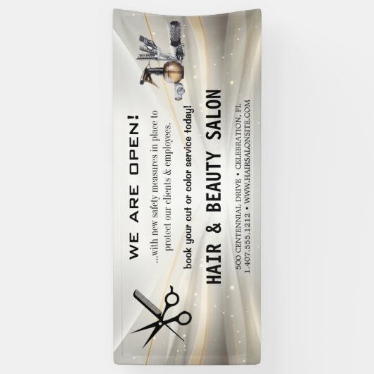 Blush & Gold Whisk Schaar Haarsalon Heropening Spandoek (Verticaal)