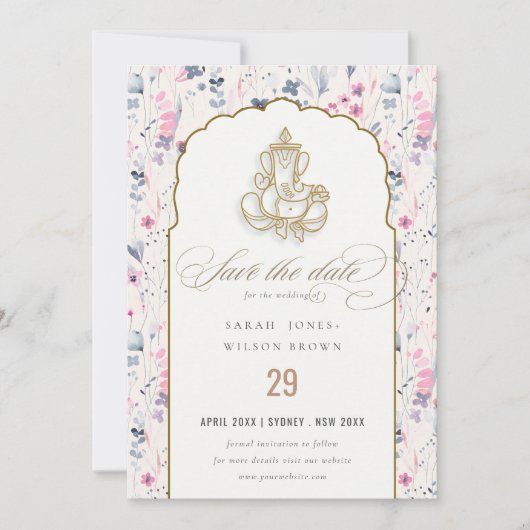 Blush Gold Wildflower Ganesh Indiase bruiloft Save The Date (Voorkant)
