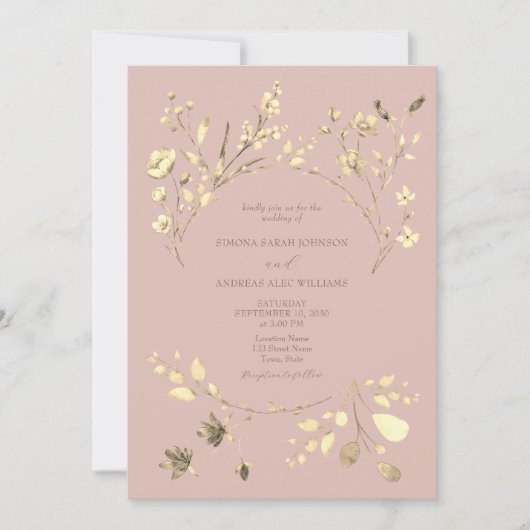 Blush Gold Wildflower Huwelijksuitnodiging Kaart (Voorkant)