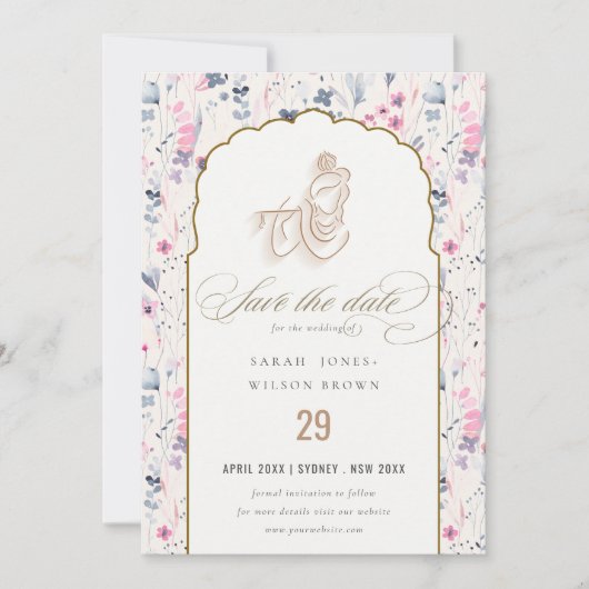Blush Gold Wildflower Krishna Indiase bruiloft Save The Date (Voorkant)