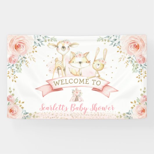 Blush Gold Woodland Animals Baby shower Welkom Spandoek (Horizontaal)
