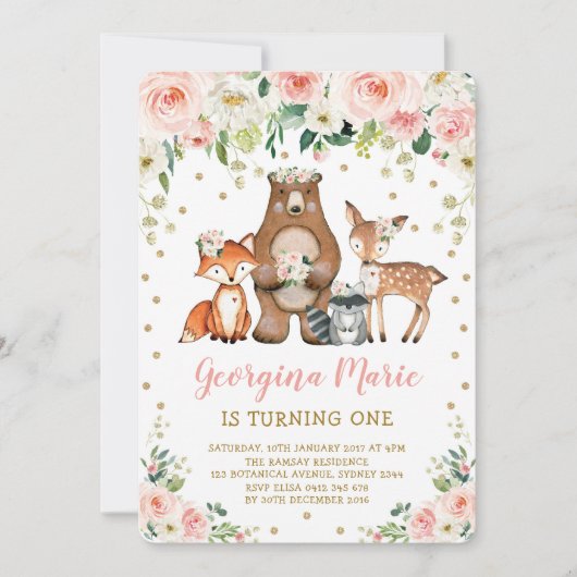 Blush Gold Woodland Dieren Girly Bloemen Verjaarda Kaart (Voorkant)