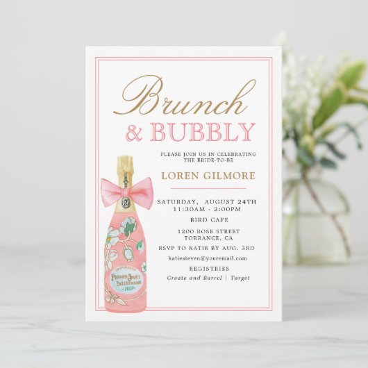 Blush Goud Bloemen Champagne Bridal Brunch Kaart (Staand voorkant)