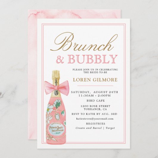 Blush Goud Bloemen Champagne Bridal Brunch Kaart (Voorkant / Achterkant)