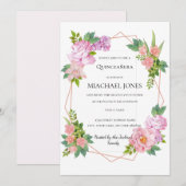 Blush Goud Bloemen Geometrische Quinceanera Kaart (Voorkant / Achterkant)