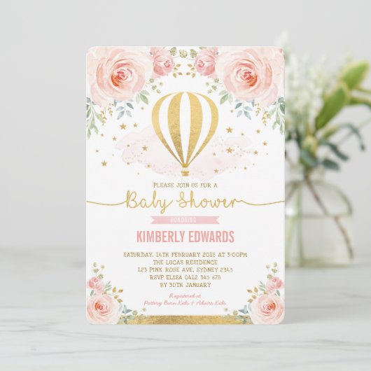 Blush Goud Bloemen Hete Luchtballon Meisje Baby sh Kaart (Staand voorkant)