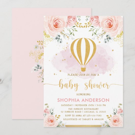 Blush Goud Bloemen Hete Luchtballon Meisje Baby sh Kaart (Voorkant / Achterkant)