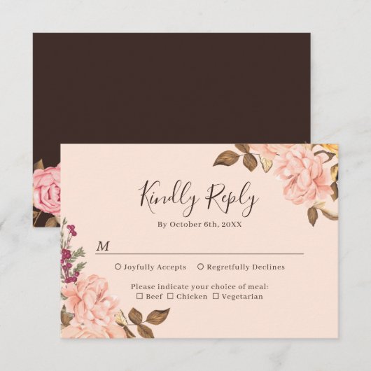 Blush Goud Bruin Waterverf Bloemen Fall Wedding RSVP Kaartje (Voorkant / Achterkant)