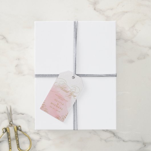 Blush goud elegante kalligrafie bruiloft dank u cadeaulabel (Met Touw)
