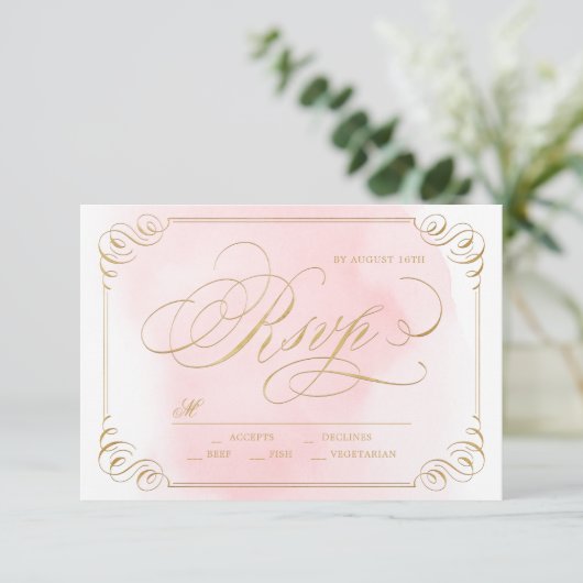 Blush goud elegante kalligrafie bruiloft RSVP (Staand voorkant)